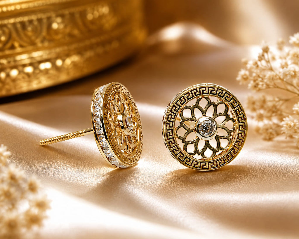 18K Gold  Floral Mandala Stud Earrings with Cubic Zirconia
