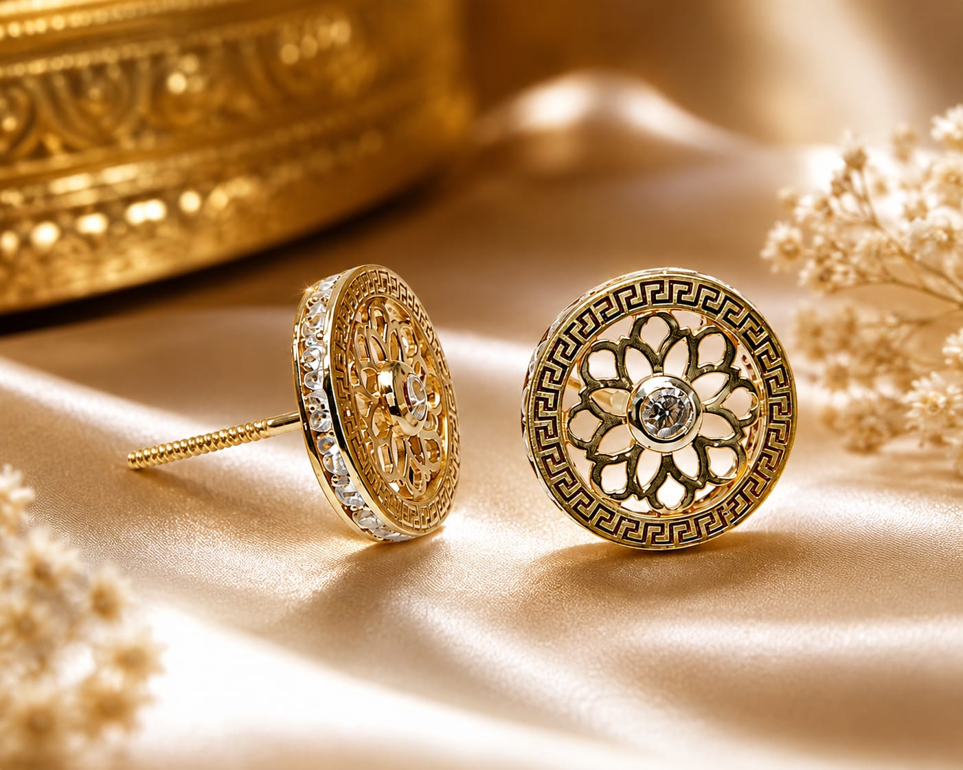 18K Gold  Floral Mandala Stud Earrings with Cubic Zirconia