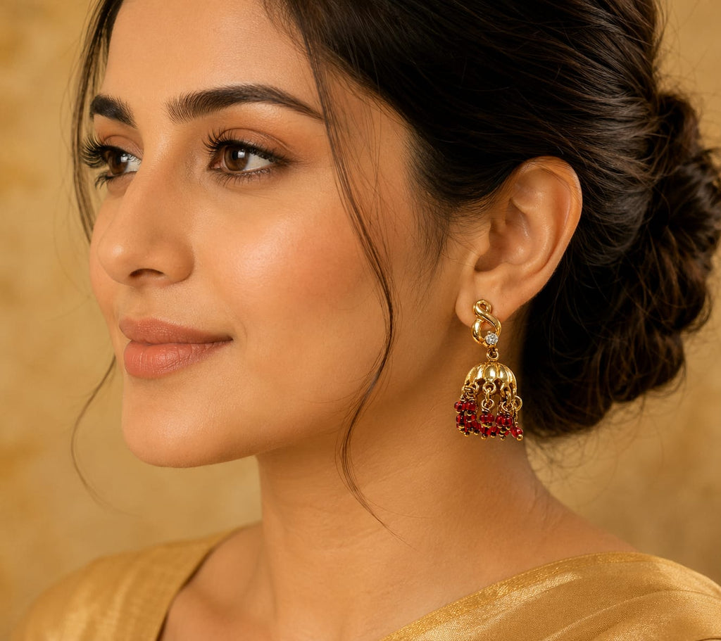 Ruby Red Beaded Gold-Tone Jhumka Earrings