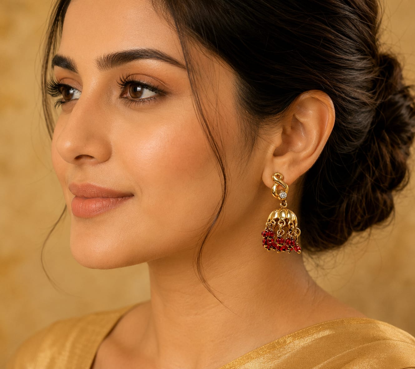 Ruby Red Beaded Gold-Tone Jhumka Earrings
