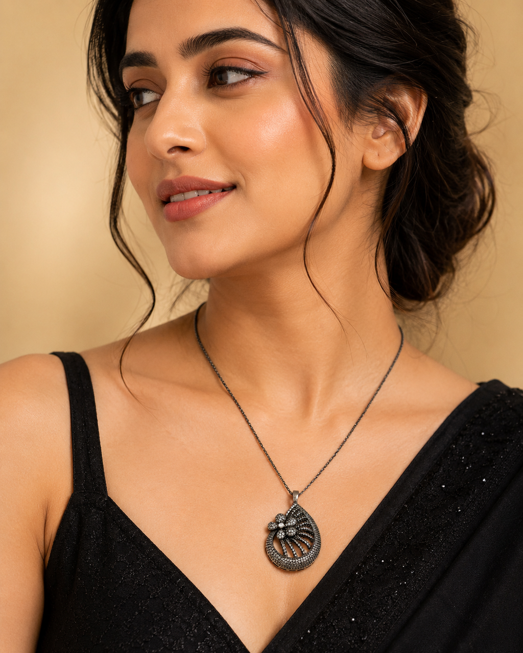 Vintage Floral Crystal Pendant – Black Rhodium Statement Charm