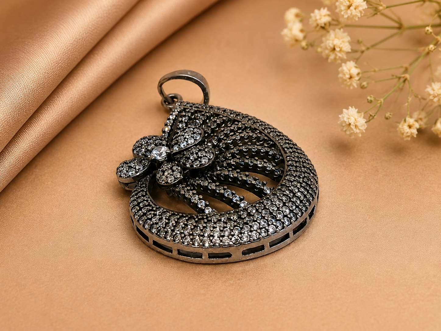 Vintage Floral Crystal Pendant – Black Rhodium Statement Charm