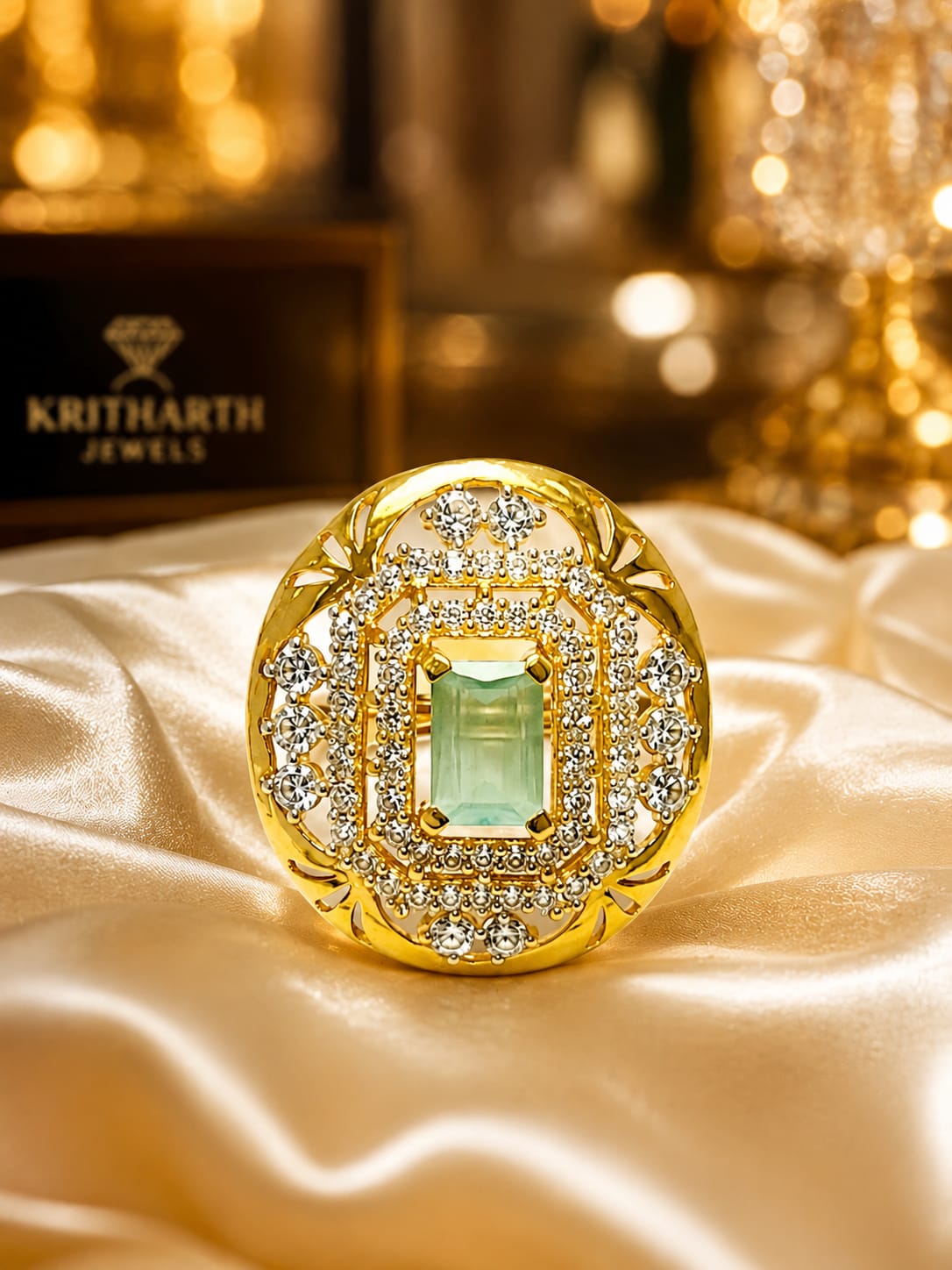18K Gold Emerald Halo Statement Ring for  Women