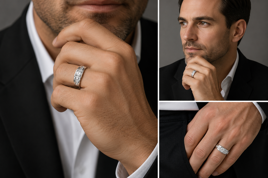 Classic Men's Solitaire Ring – Silver-Tone Statement Ring with Baguette Accents