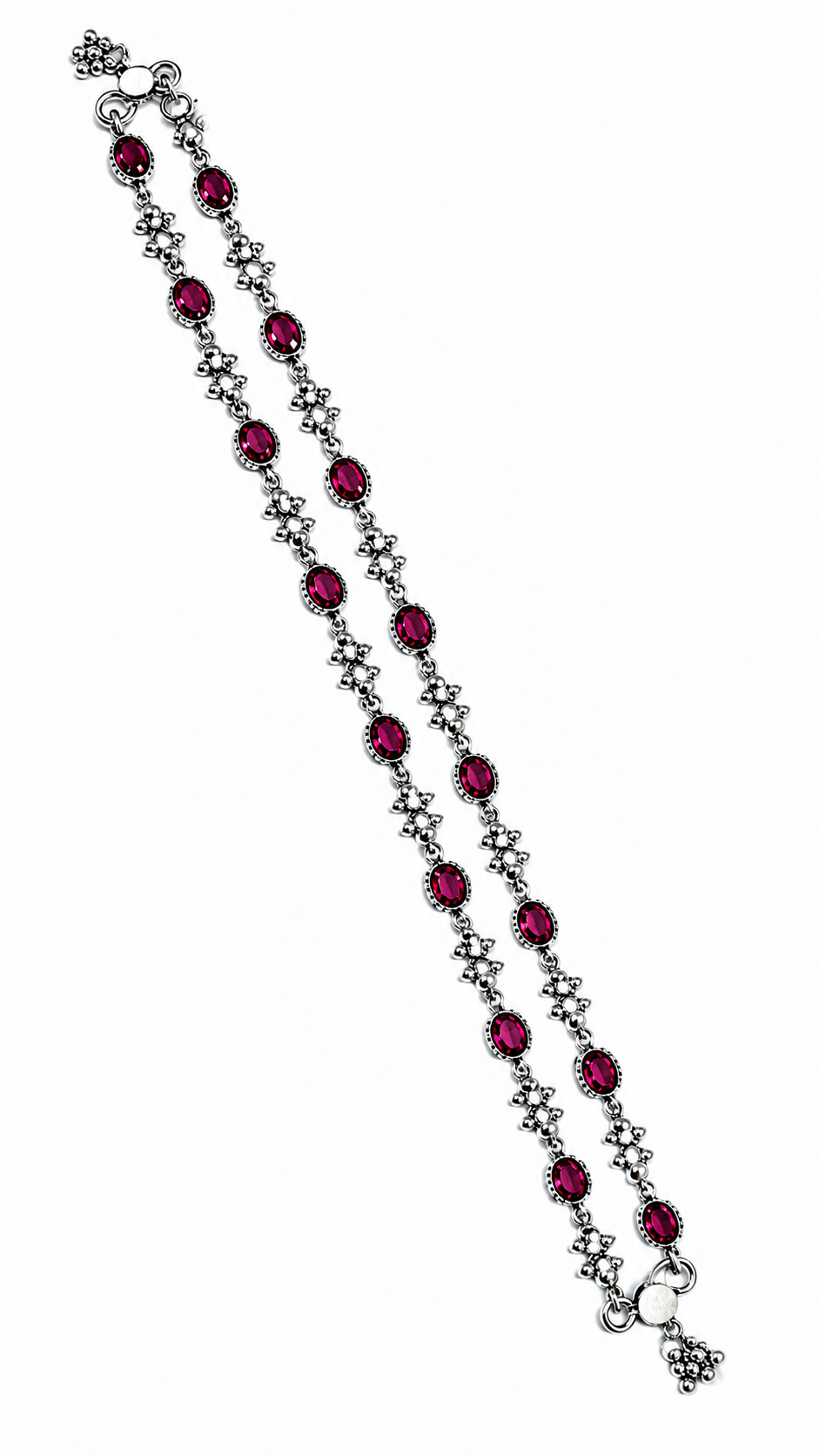 Ruby Pink Floral Silver Anklets