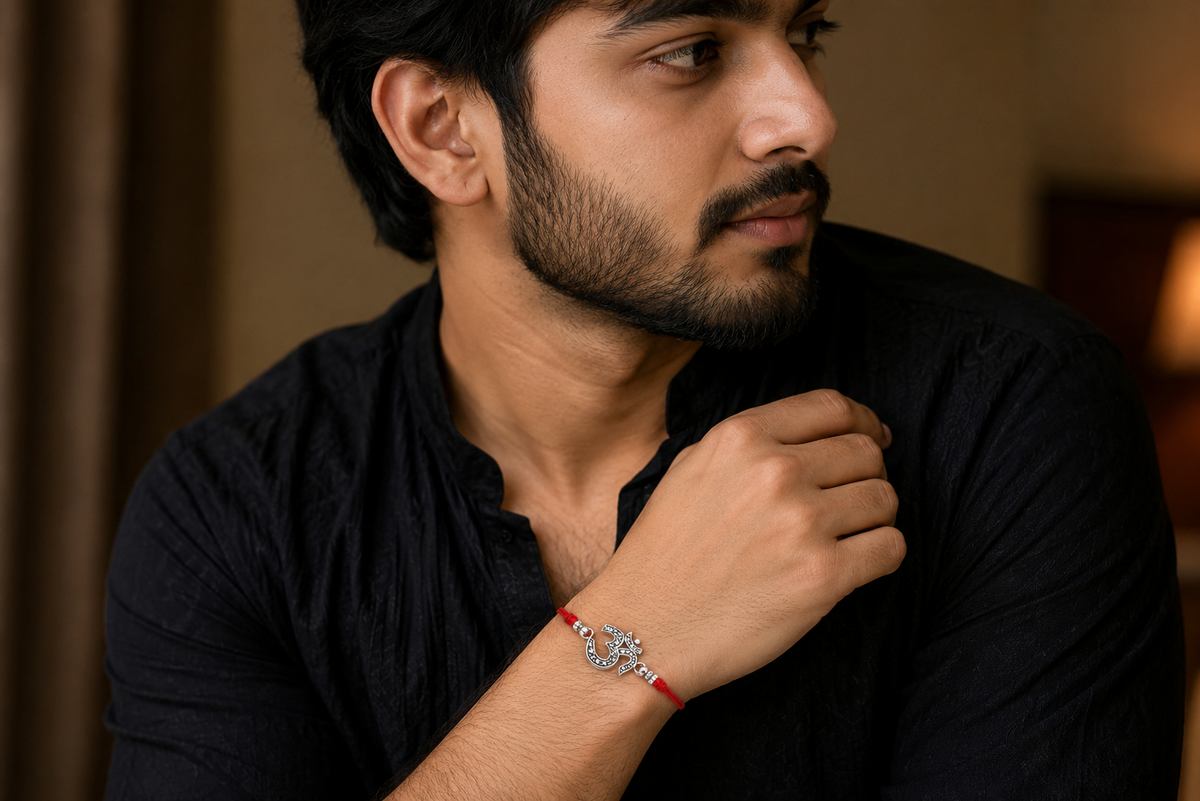 Silver Om Rakhi with Red Thread – Traditional Raksha Bandhan Gift