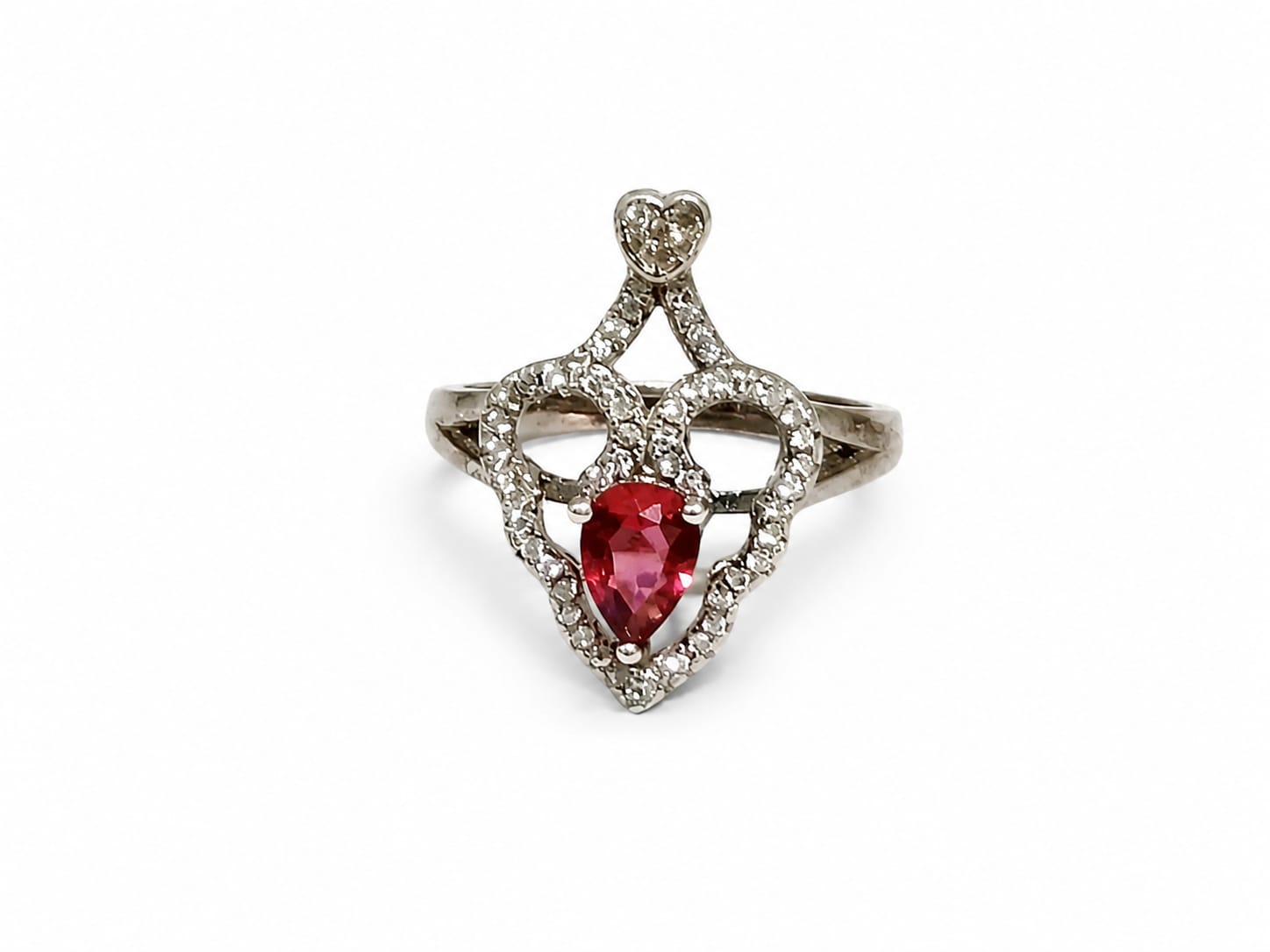 Ruby Heart Crown Ring – Silver Crystal Statement Ring