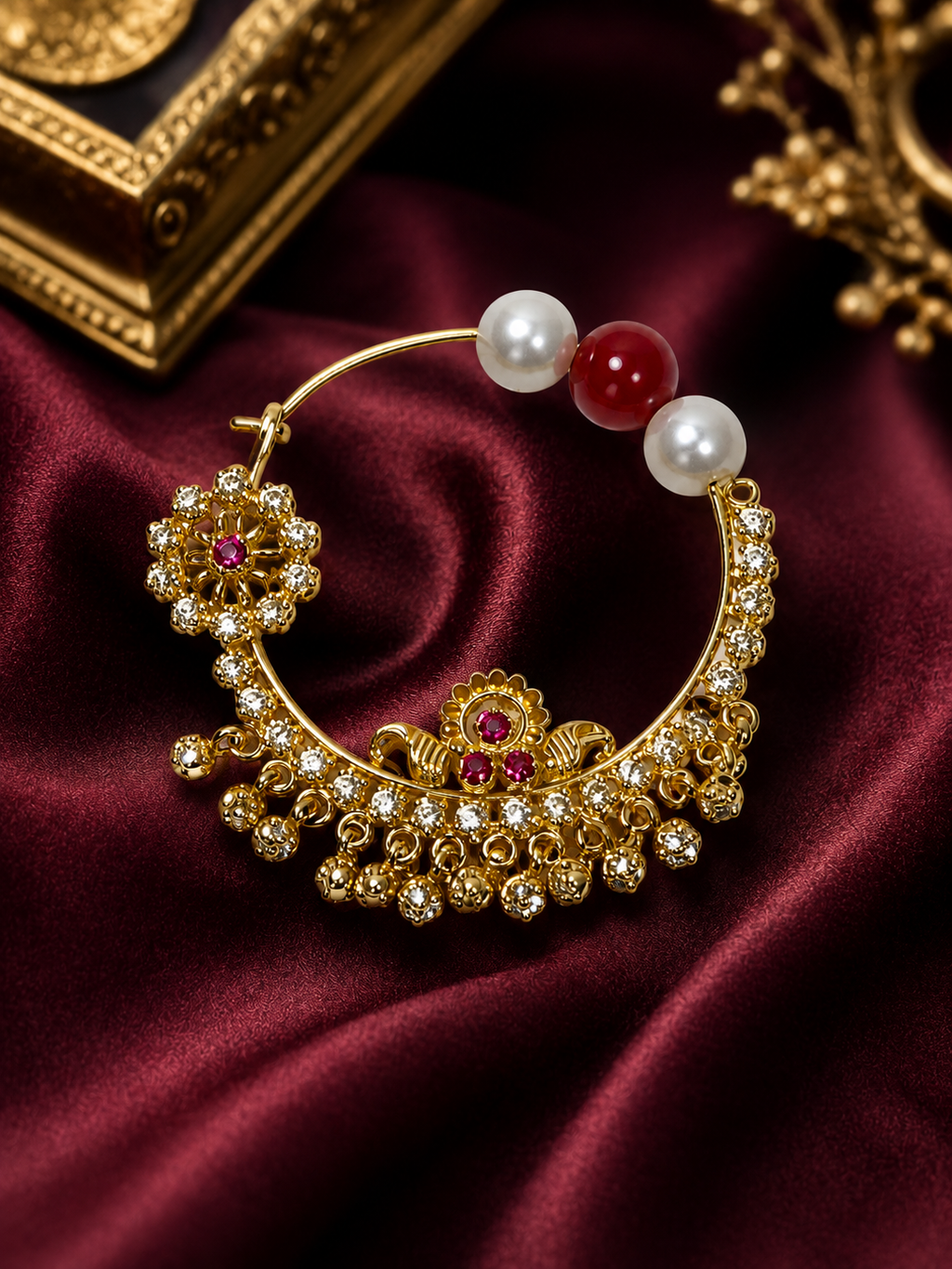 18K Gold Traditional Pearl & Red Stone Nose Ring