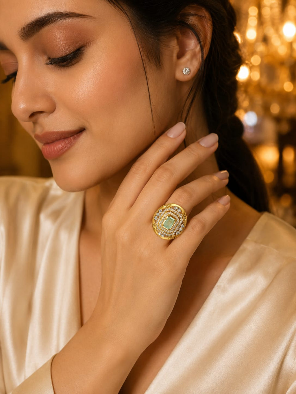 18K Gold Emerald Halo Statement Ring for  Women