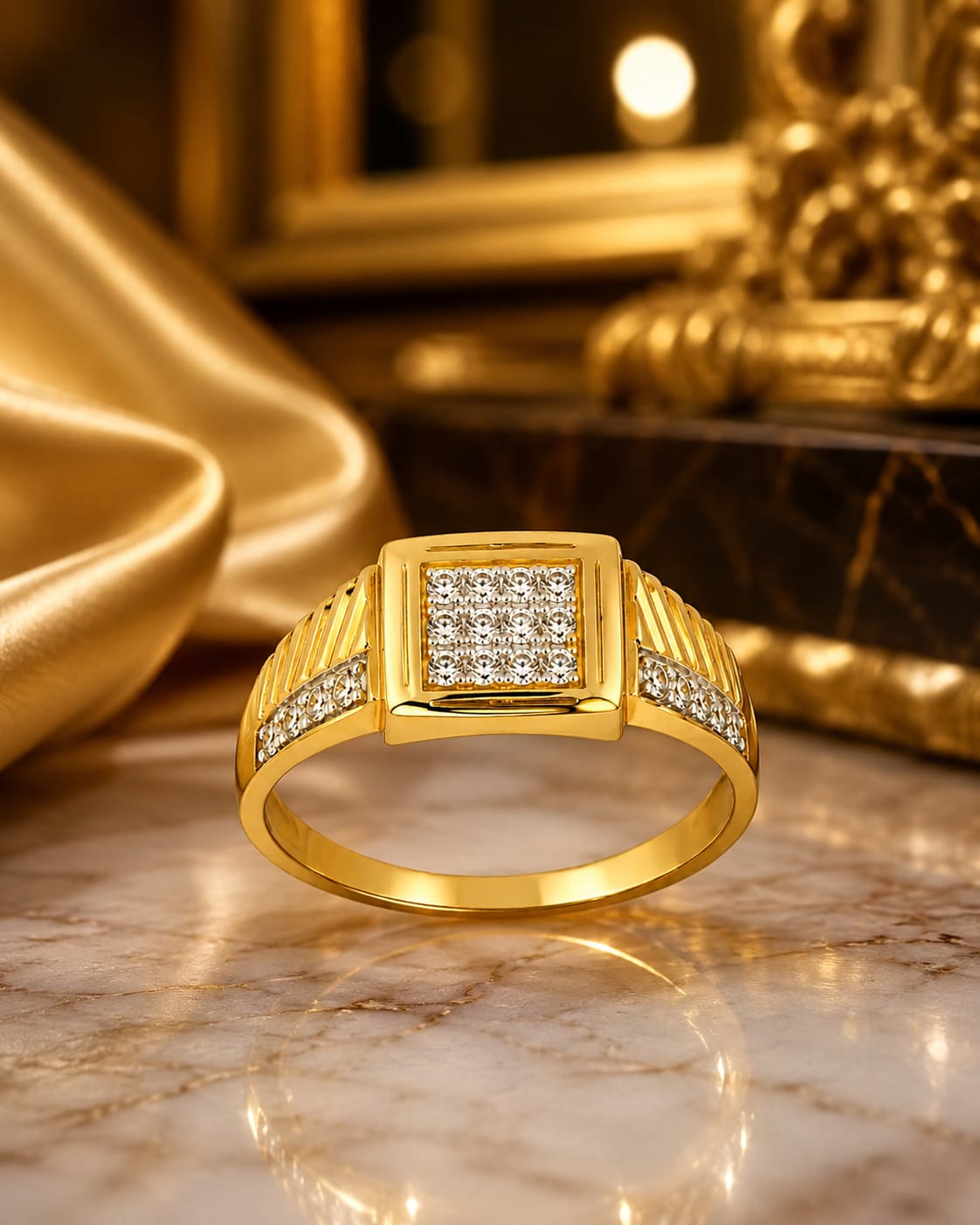 18K Gold Square CZ Studded Men's Ring