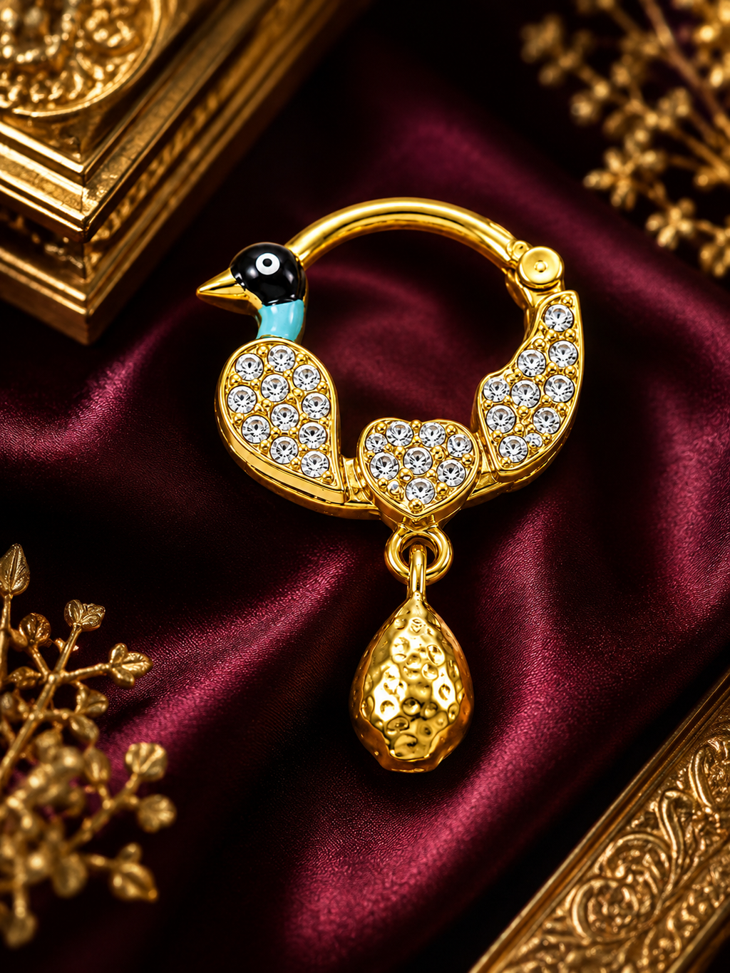 18K Gold Peacock-Inspired Nose Ring with Crystal Detailing