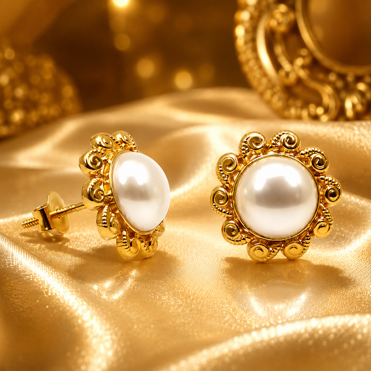 18K Gold  Vintage Pearl Stud Earrings