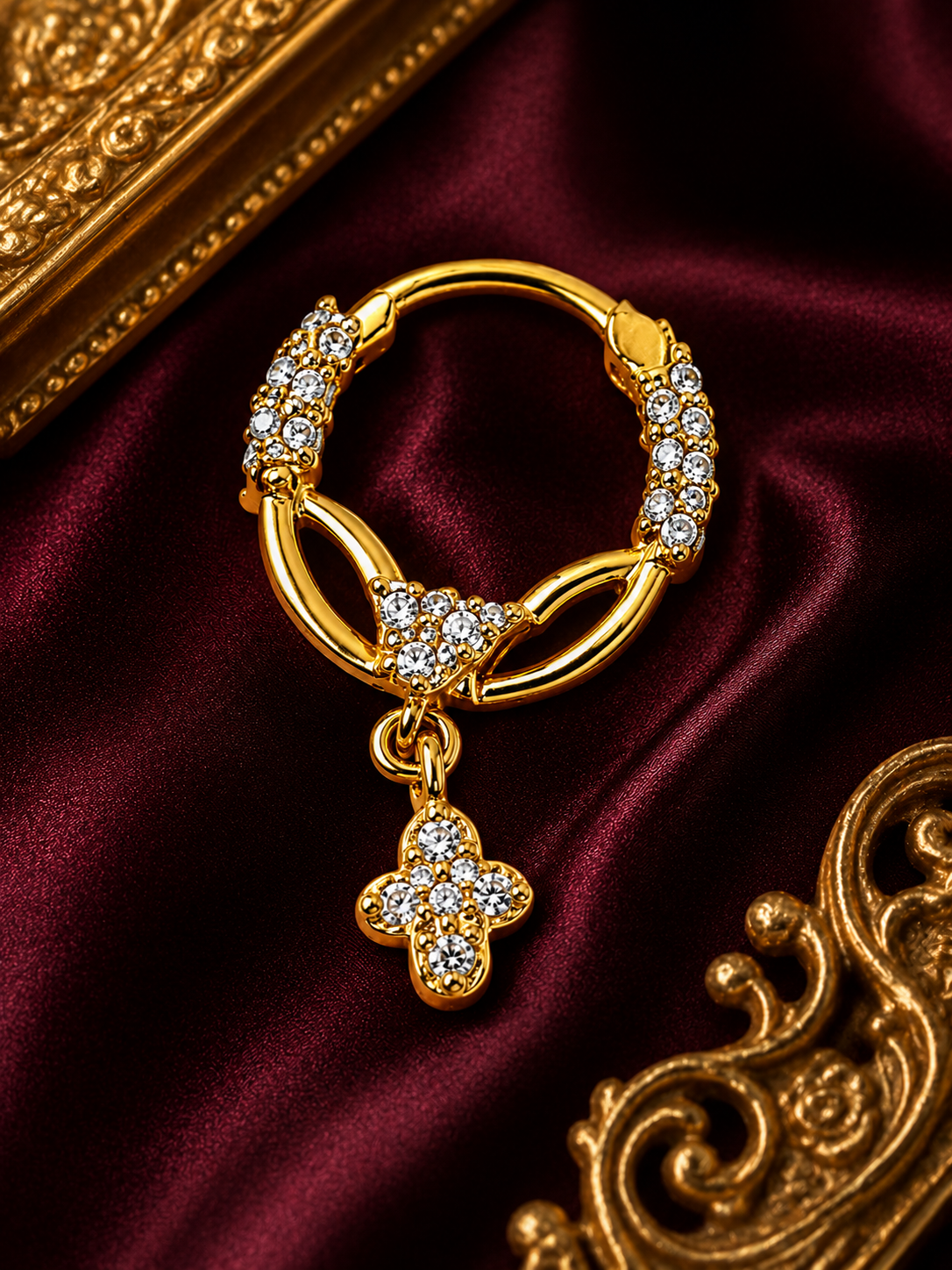 18K Gold Crystal-Embellished Hoop Nose Ring with Floral Drop