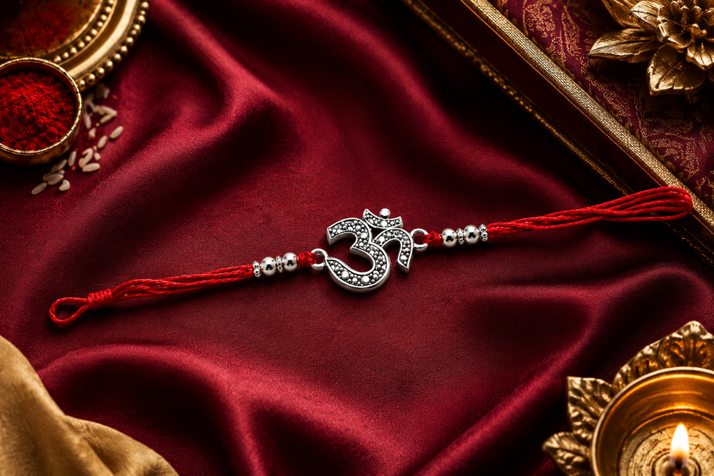 Silver Om Rakhi with Red Thread – Traditional Raksha Bandhan Gift