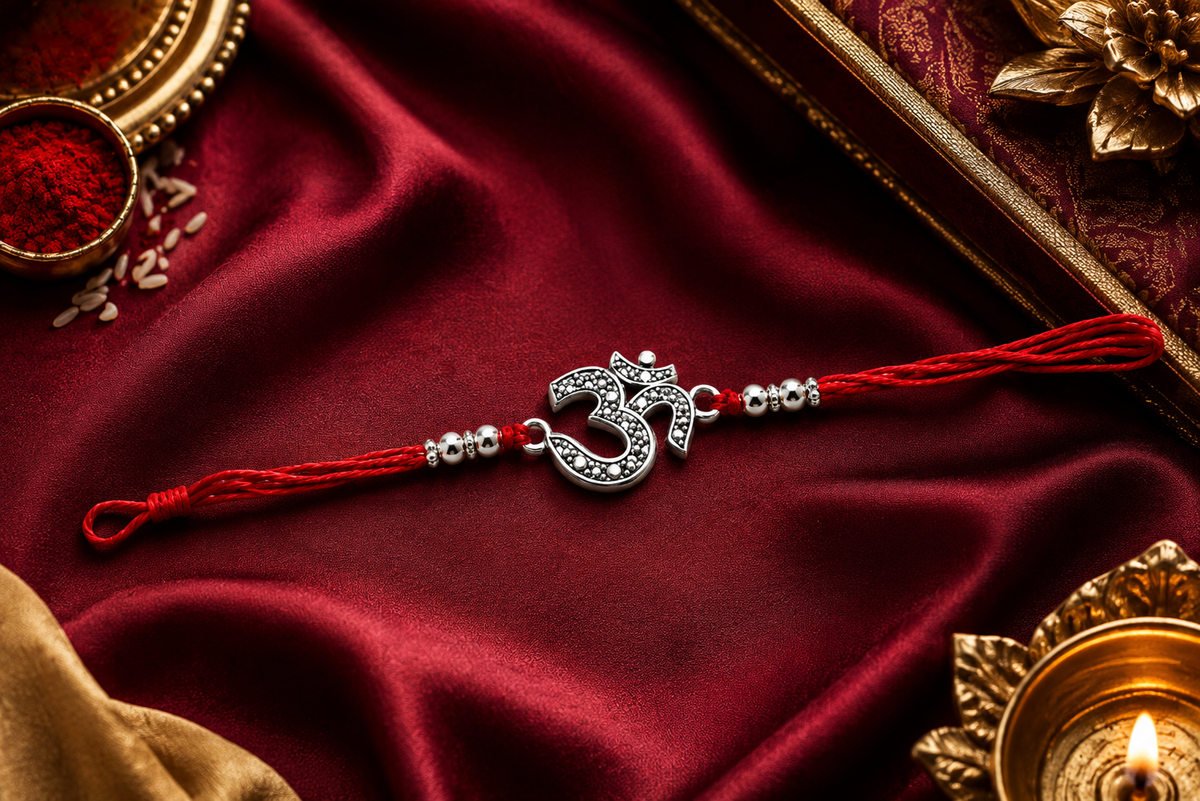 Silver Om Rakhi with Red Thread – Traditional Raksha Bandhan Gift