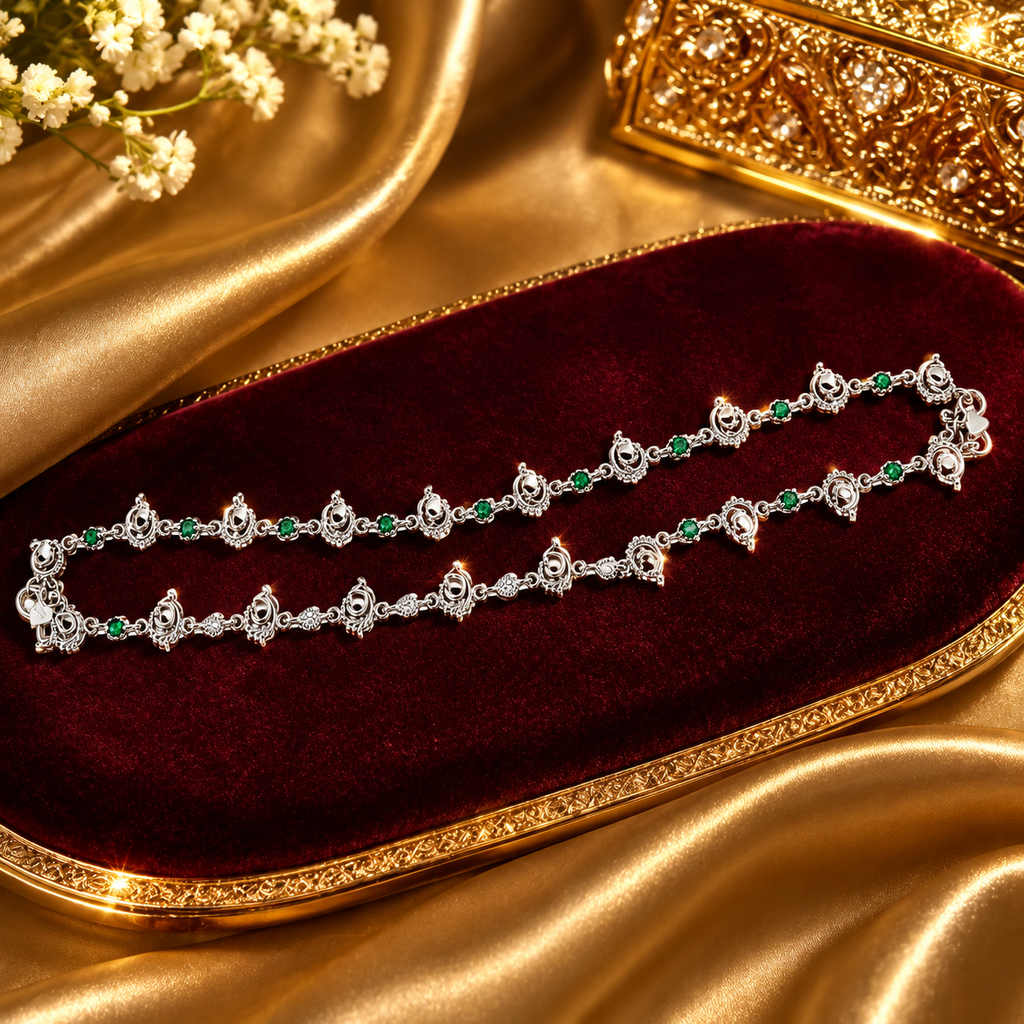 Emerald Charm Silver Anklets