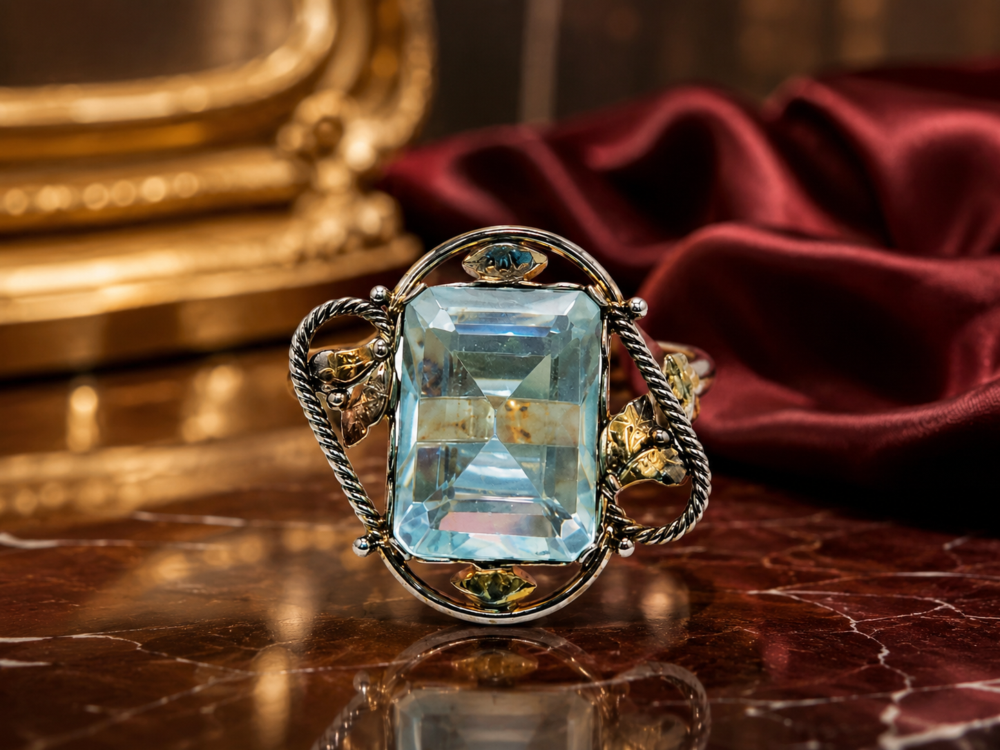 Vintage Aqua Crystal Floral Statement Ring